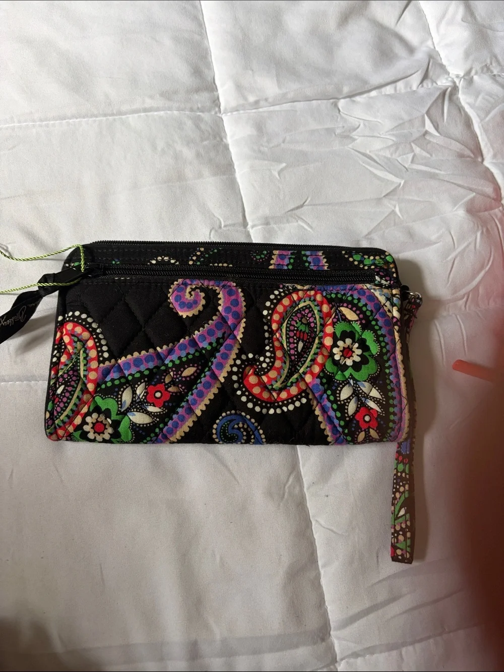 Vera Bradley Black Quilted Wristlet with Bright Paisley Print